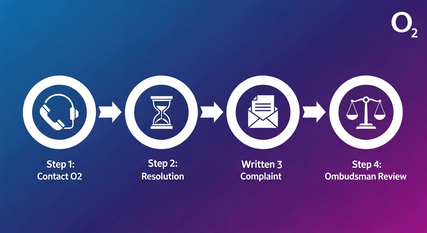 O2 Complaints Process - 4 Step Guide showing how to escalate from customer service to Ombudsman