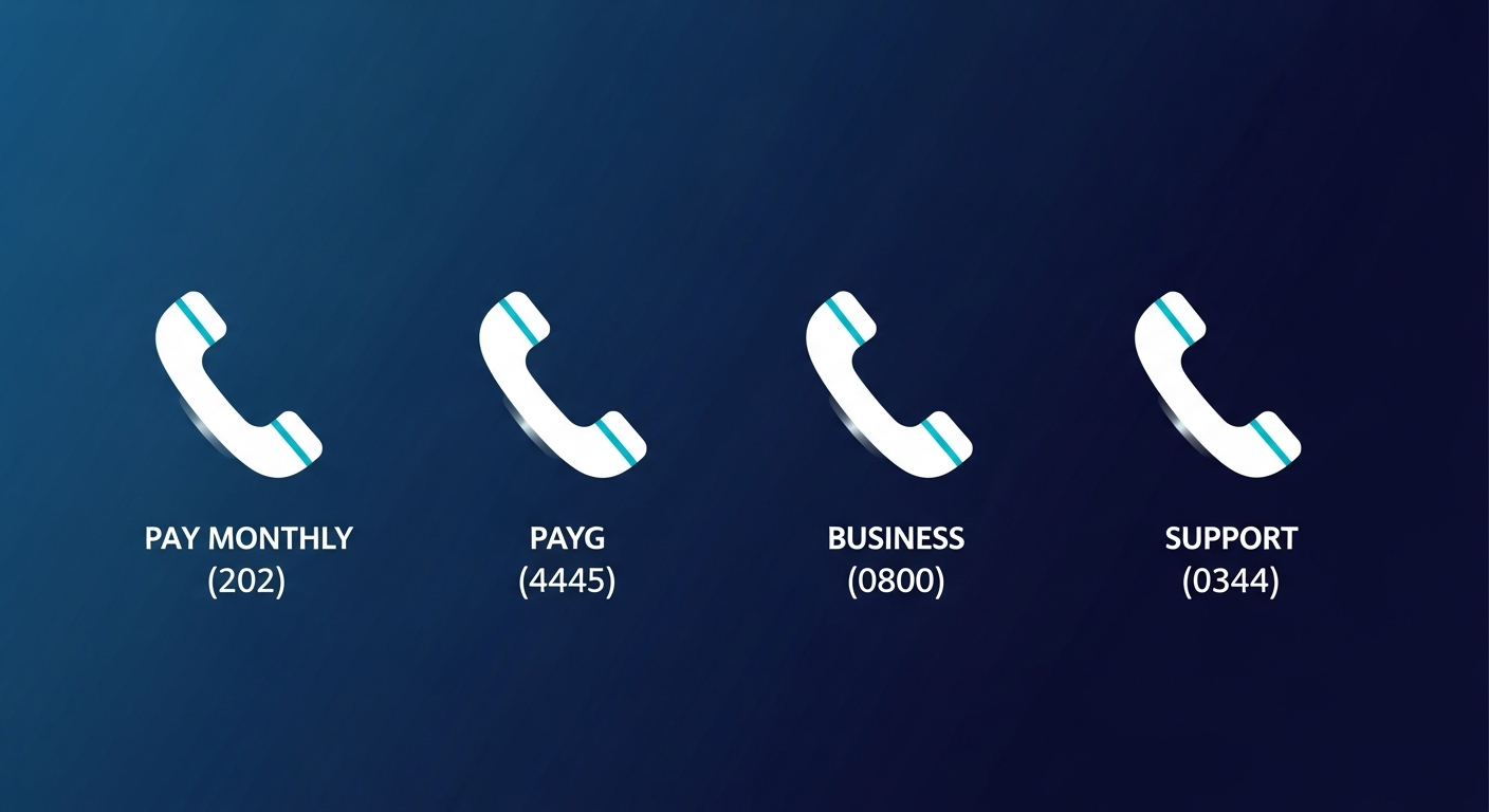 O2 Customer Service Phone Numbers - Complete Guide showing all contact numbers for Pay Monthly, PAYG, Business and specialist support lines