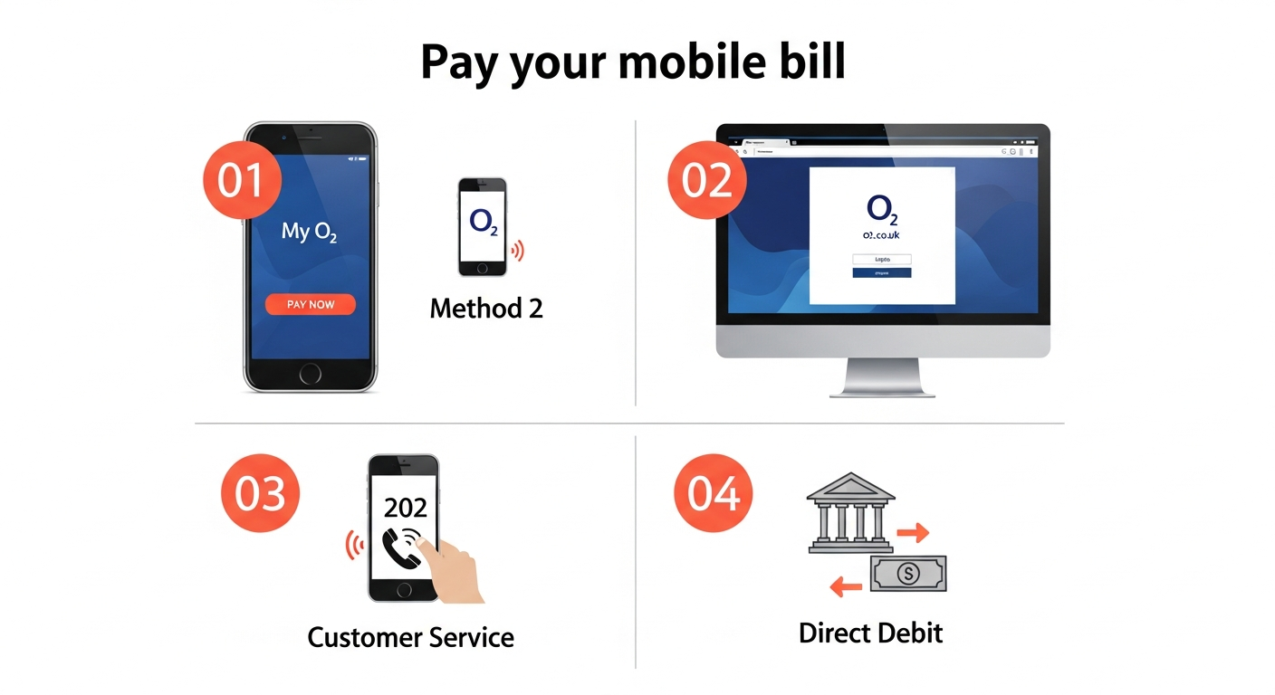 O2 billing and payment methods infographic showing credit card, direct debit, mobile payment, and online portal options