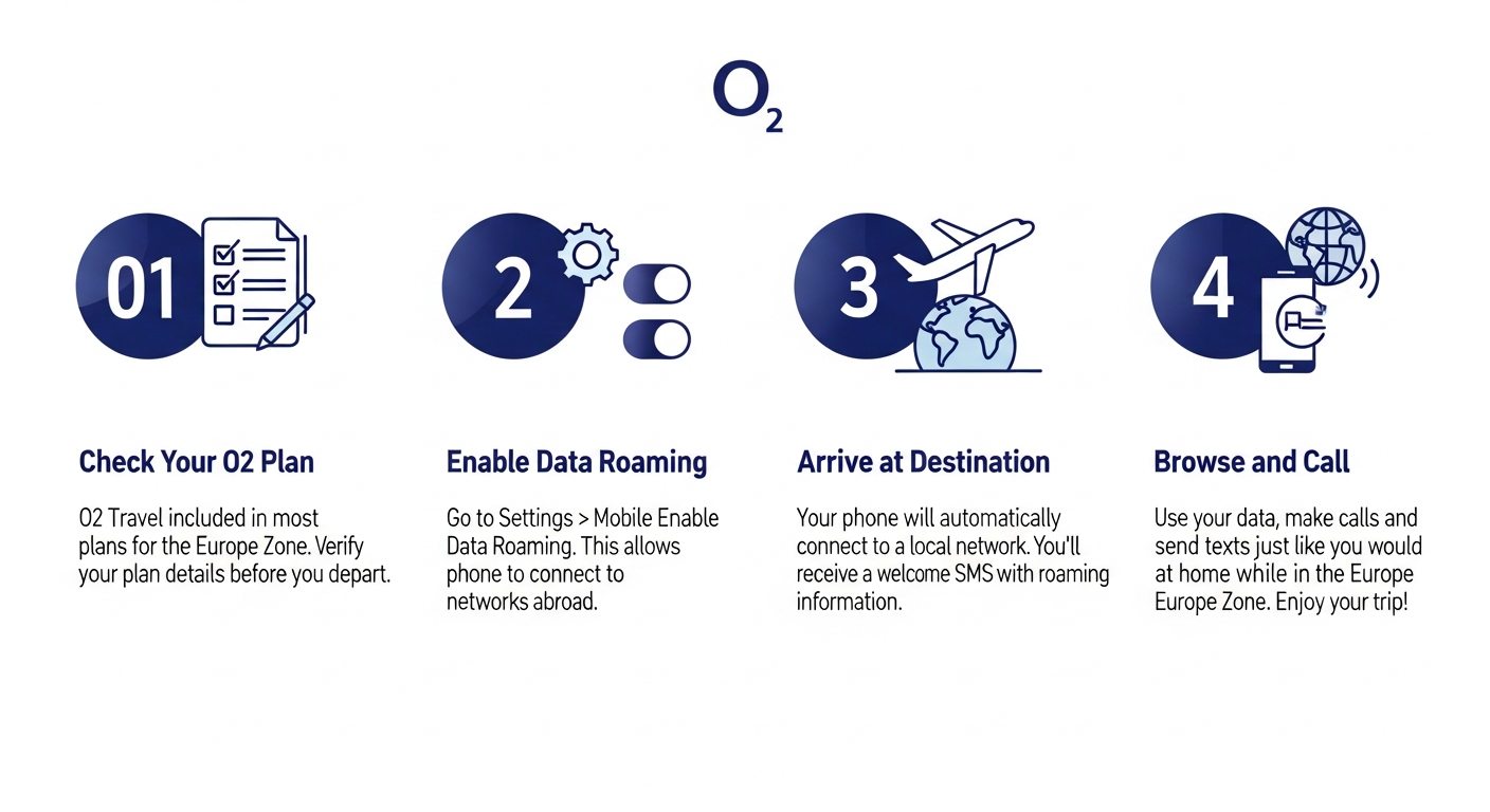 International roaming infographic showing airplane, globe with connections, European destinations, and phone with world map