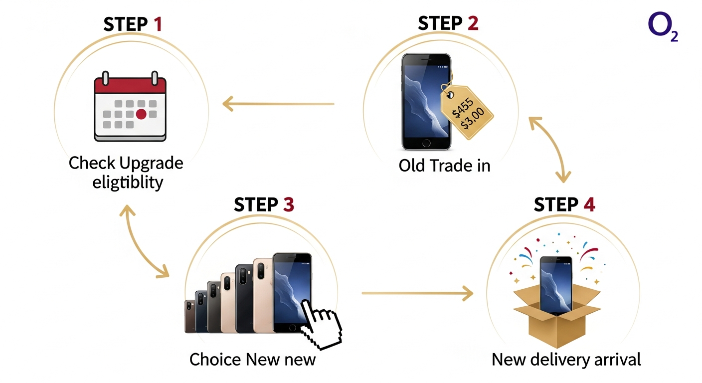 Phone upgrade infographic showing old phone to new phone transition, trade-in value, and upgrade cycle
