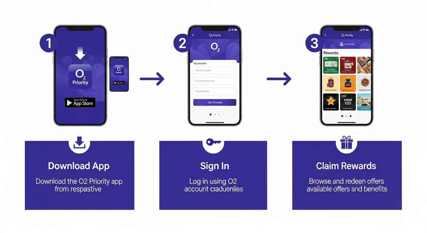 Step-by-step guide showing how to use O2 Priority app: Step 1 Download the Priority app, Step 2 Sign in with your O2 account, Step 3 Browse and claim your rewards