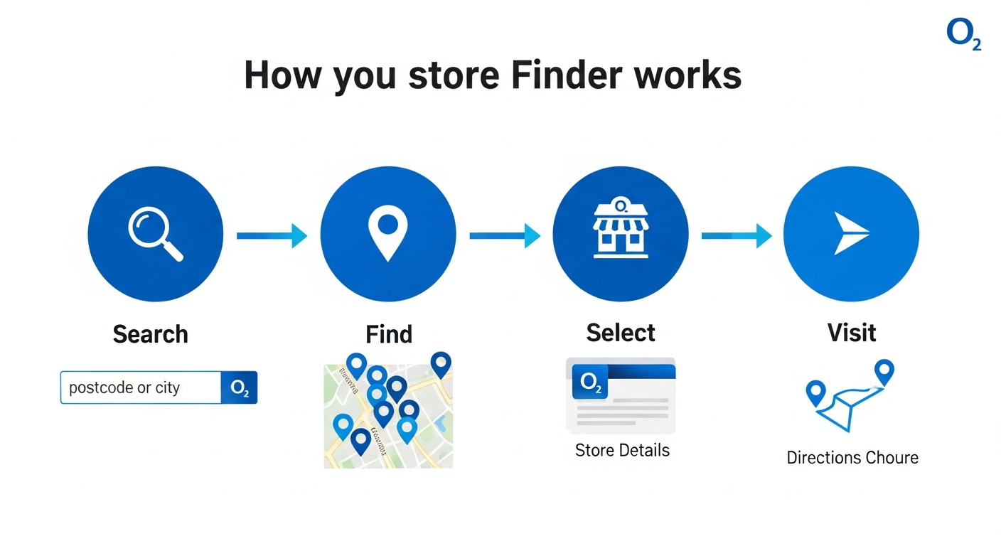 O2 Store Finder UK infographic showing key features: Find stores by location, store contact details, opening hours, help and support centre, 305 UK locations, and postcode search