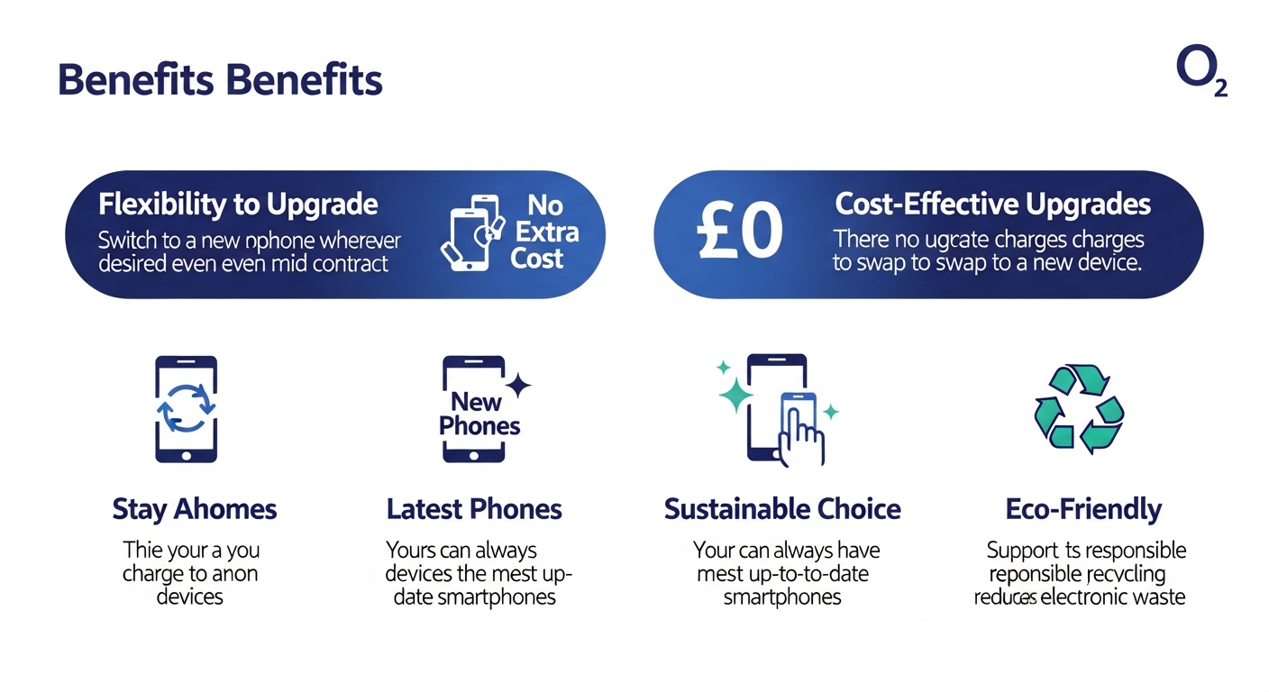 O2 Switch Up Benefits Infographic showing four main advantages: Swap Anytime for flexibility, No Extra Cost for free upgrades, Latest Phones for newest devices, and Eco-Friendly for sustainability
