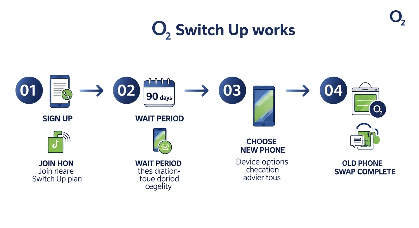 Step-by-step guide showing how O2 Switch Up works: Step 1 Sign Up for an eligible plan, Step 2 Wait 90 days, Step 3 Choose your new phone, Step 4 Return old device and complete swap